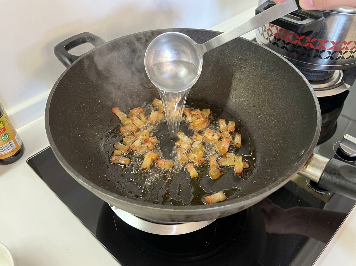 A metal ladle pouring hot, clear pasta water into a wok containing crispy diced guanciale and bubbling rendered fat.