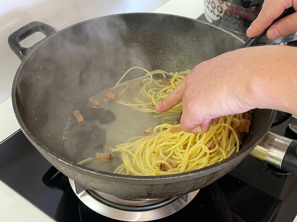 A hand pointing to a small amount of starchy pasta water pooling at the bottom of a wok filled with spaghetti and crispy guanciale.