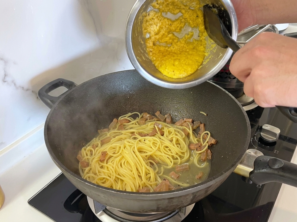 Pouring a thick yellow egg and grated cheese mixture from a metal bowl over spaghetti and guanciale in a dark wok.