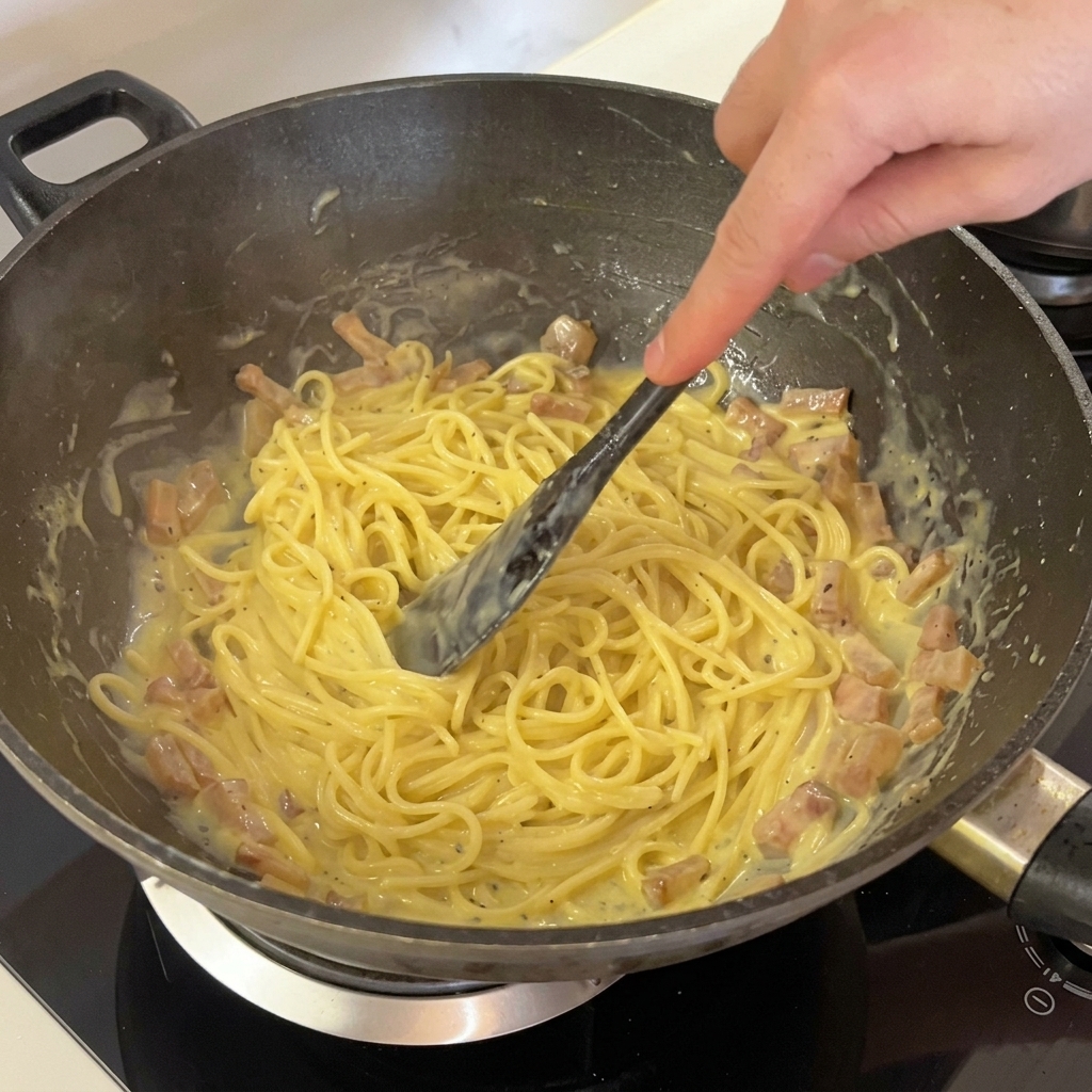 Spaghetti heavily coated in a rich, glossy, pale-yellow egg and cheese sauce, mixed with crispy guanciale pieces in a wok.