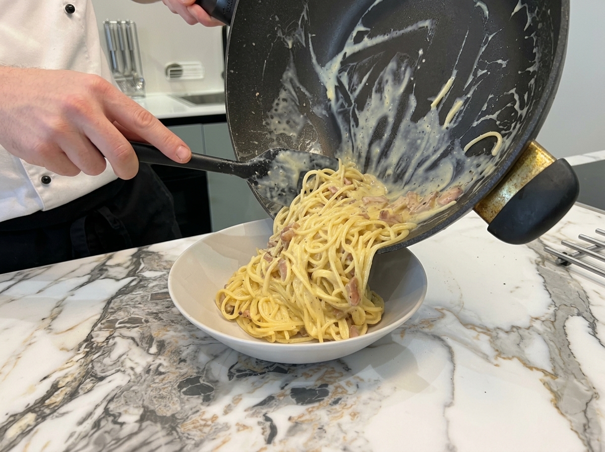 Sliding rich, creamy Carbonara with pieces of guanciale from a dark wok into a white serving bowl.
