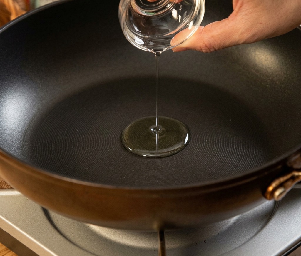 A hand pouring clear salad oil from a small glass bowl into a dark non-stick frying pan over a portable stove.