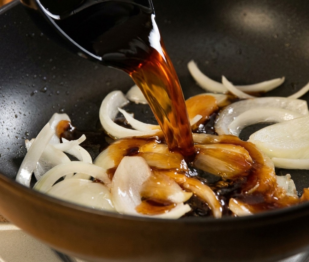 A dark, savory sauce being poured over sautéed onions in a hot frying pan.