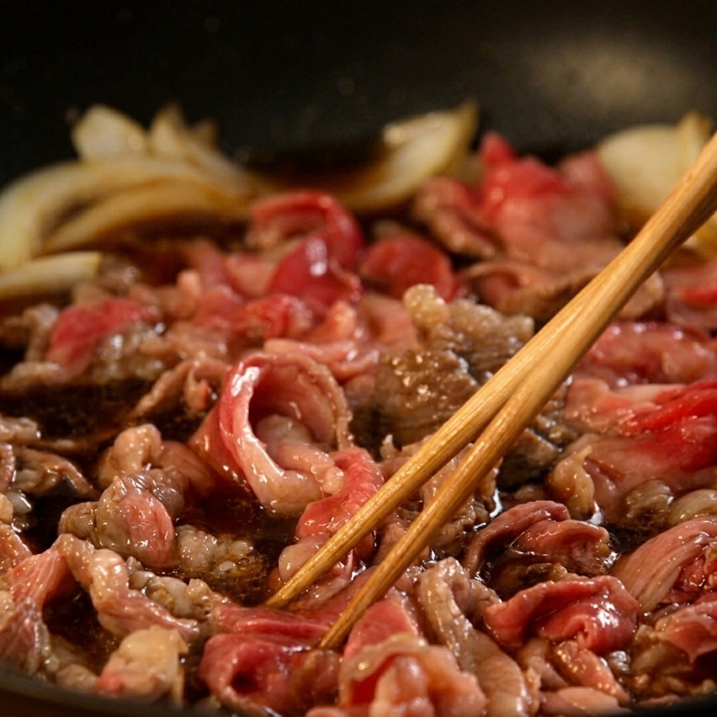 Thinly sliced beef and onions simmering in a bubbling dark brown sauce, being stirred with a pair of wooden chopsticks.