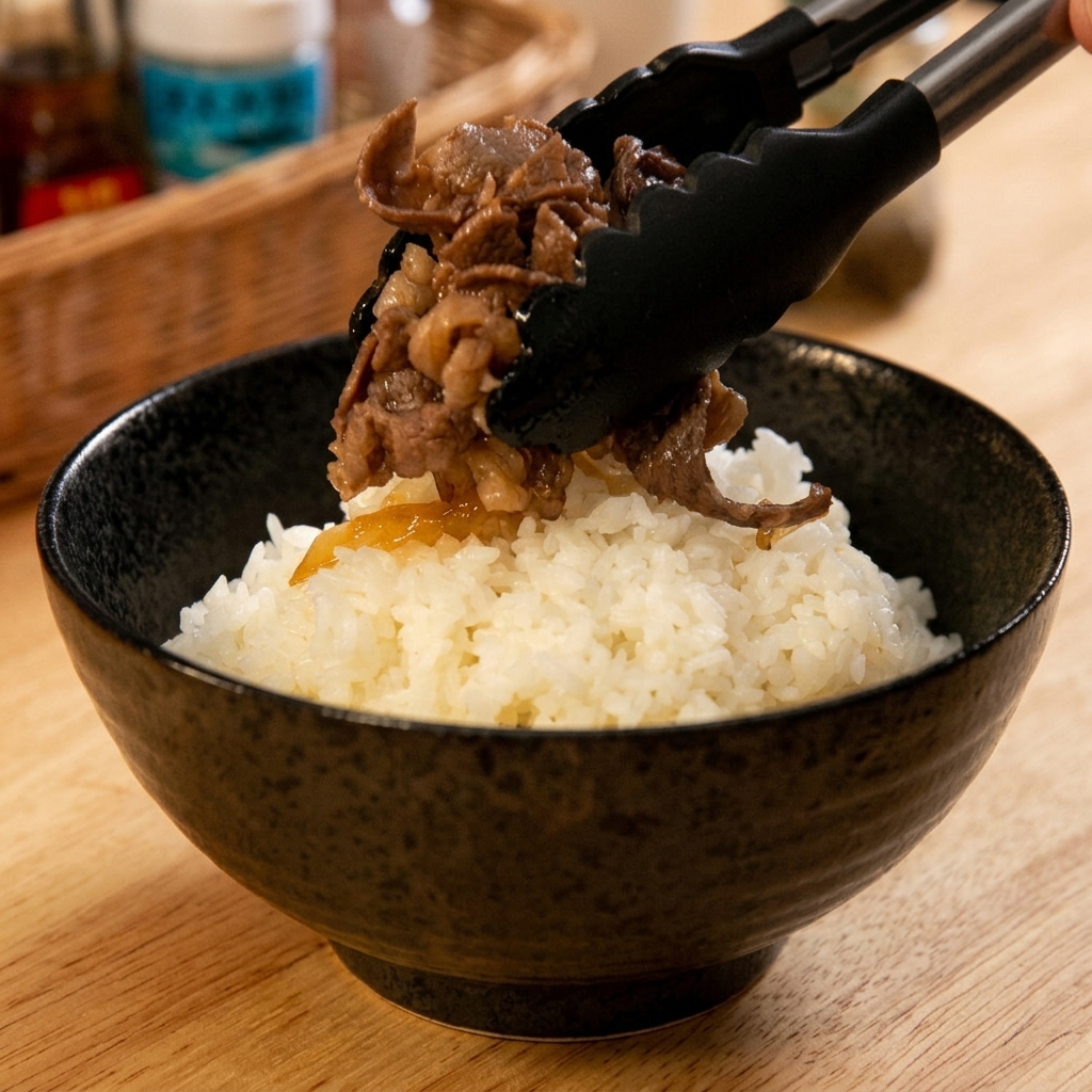 Black tongs carefully placing a generous portion of simmered beef and onions onto a bowl of white rice.