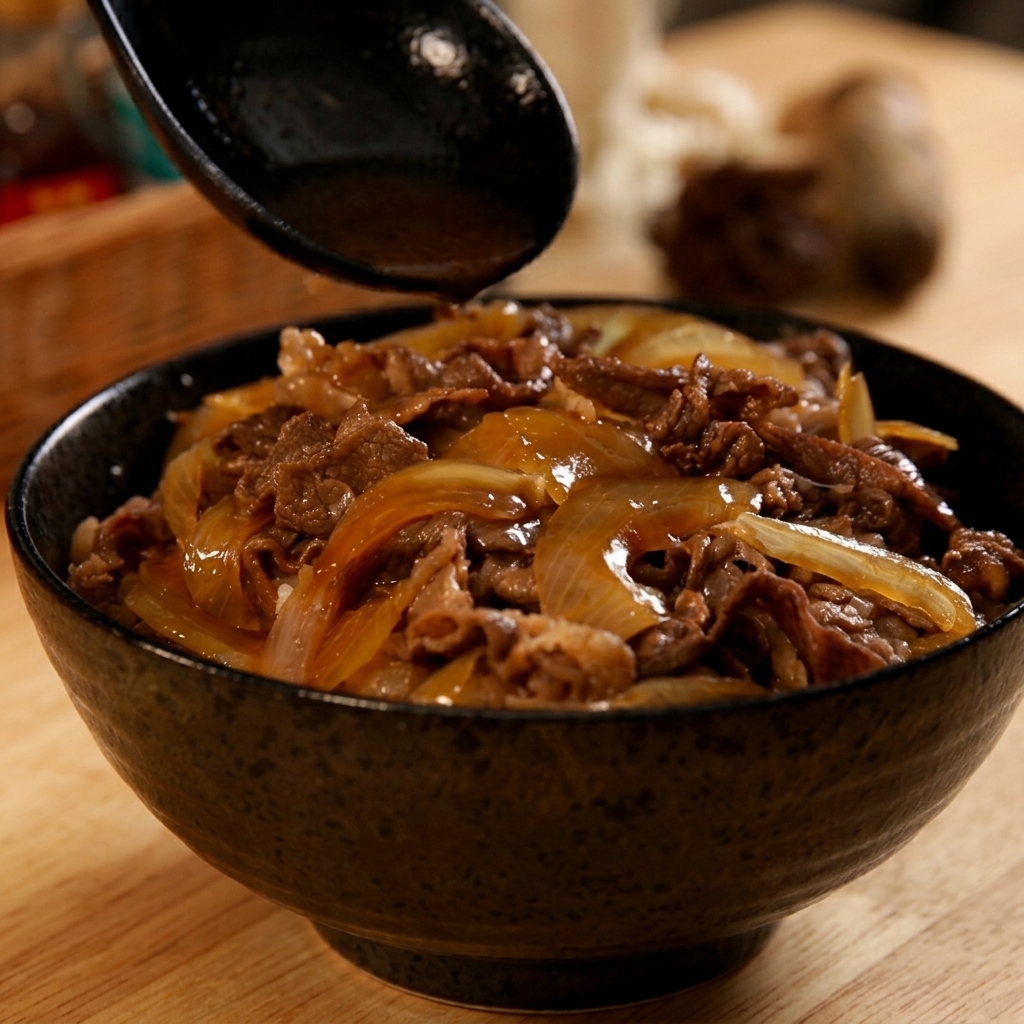 A black ladle pouring a dark, savory broth over a freshly assembled beef bowl.