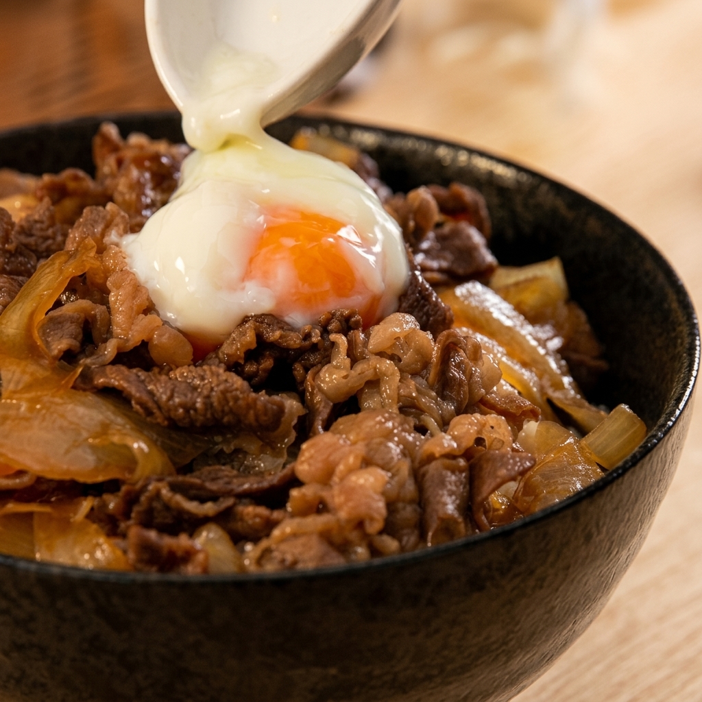 A perfectly soft-boiled onsen egg sliding off a white spoon onto the center of the simmering beef.