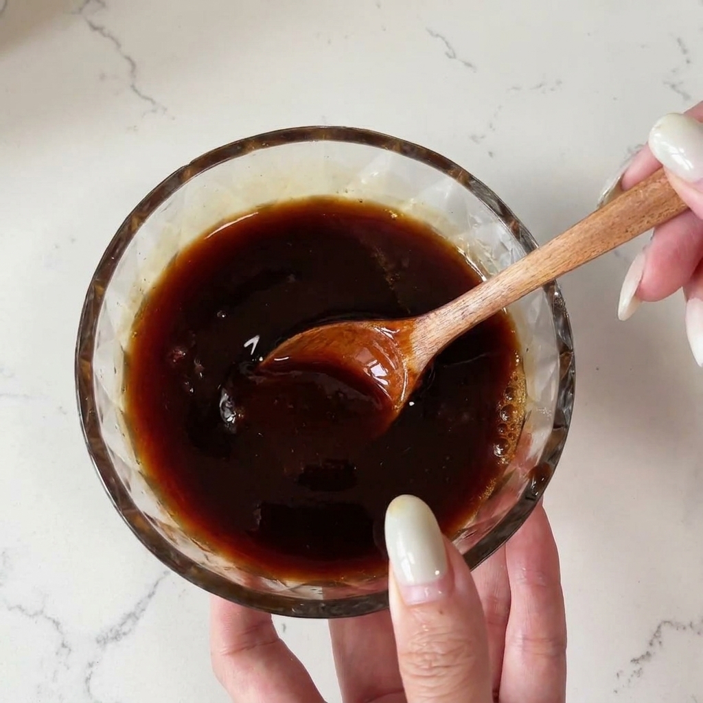 A dark brown seasoning sauce being stirred with a small wooden spoon inside a glass bowl.