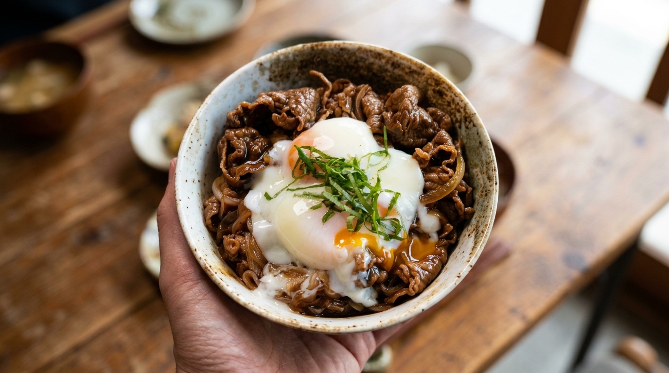 Authentic Japanese Gyudon (Beef Rice Bowl with Onsen Egg)