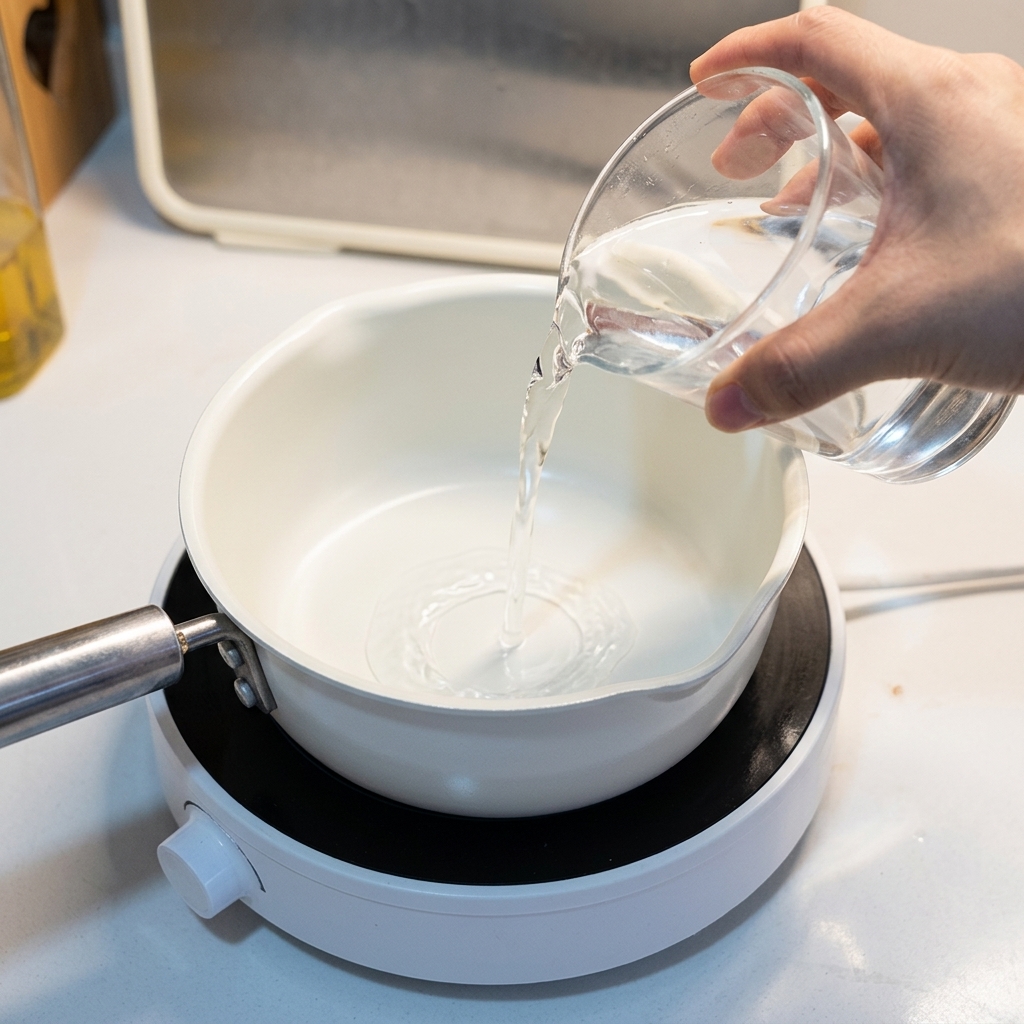 Pouring water from a glass measuring cup into a white pot on the stove.