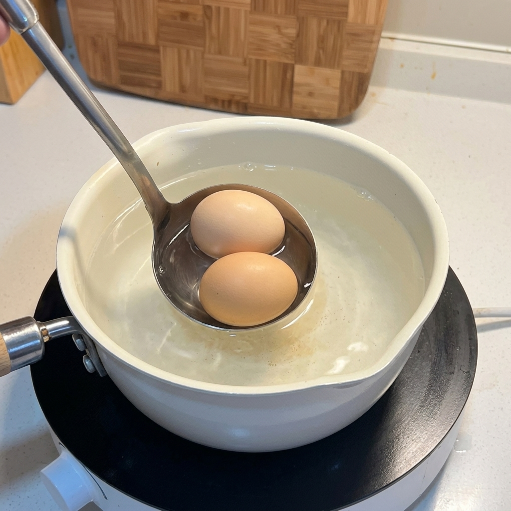 Using a metal ladle to gently place two unpeeled eggs into a pot of hot water.
