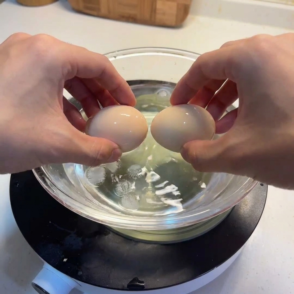 Two hands placing cooked eggs into a clear glass bowl filled with ice water.