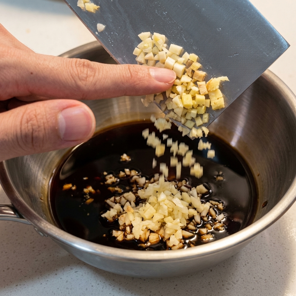 Sliding chopped garlic and ginger off a metal cleaver into a bowl of dark sauce.