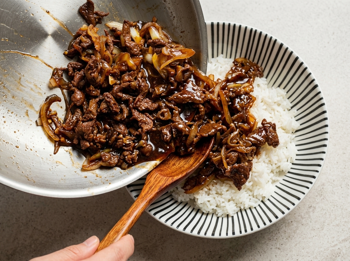 Cooked beef, onions, and dark sauce being slid from a metal pan onto a bowl of white rice using a wooden spatula.