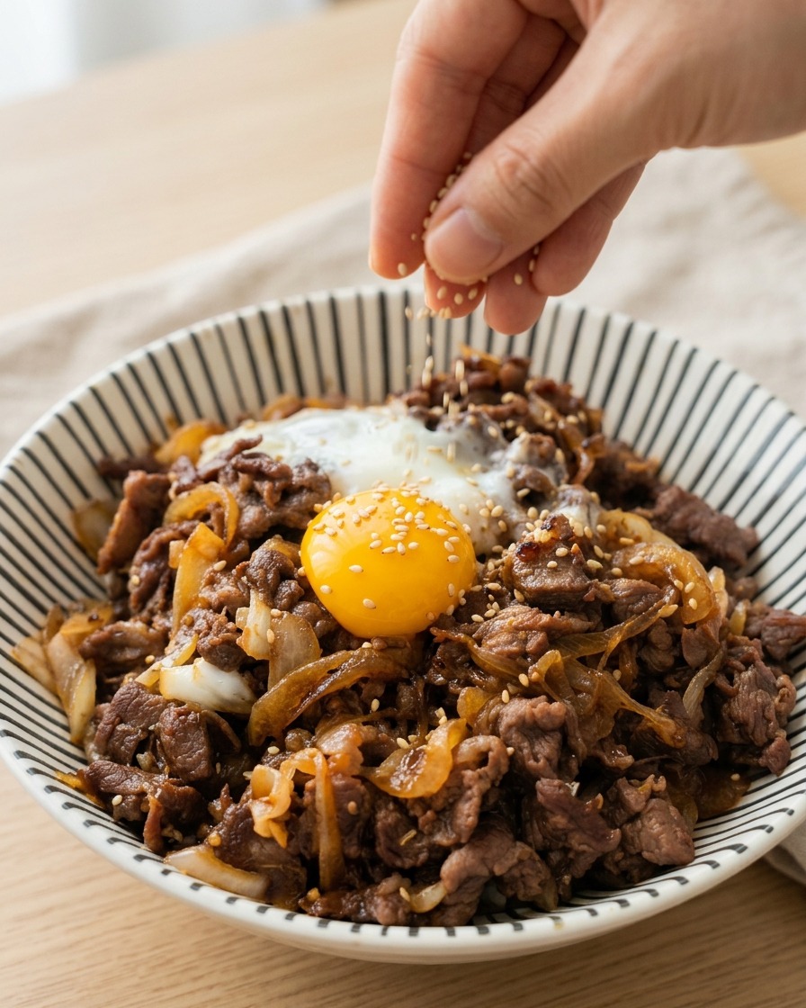 A hand sprinkling toasted sesame seeds over a savory beef bowl topped with a bright orange egg yolk and caramelized onions.