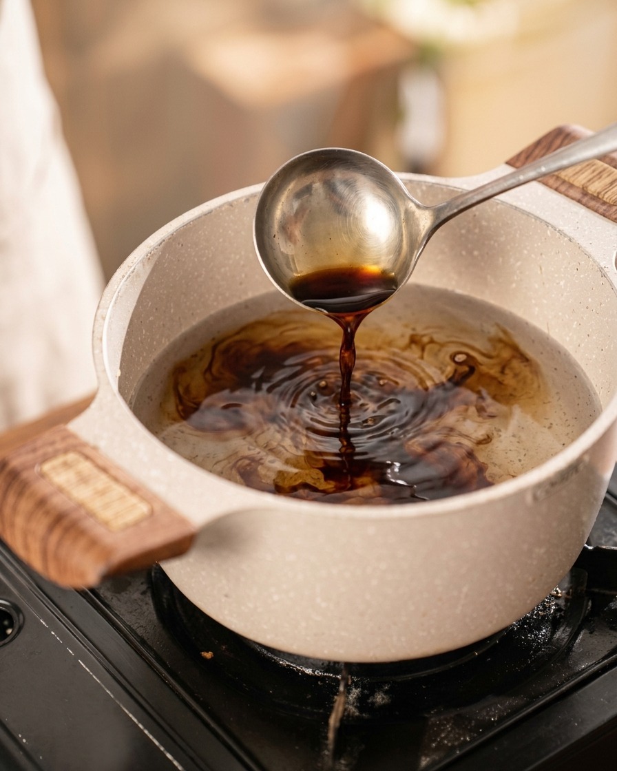 A ladle pouring dark soy sauce into a pot of clear water to create a marinade base.