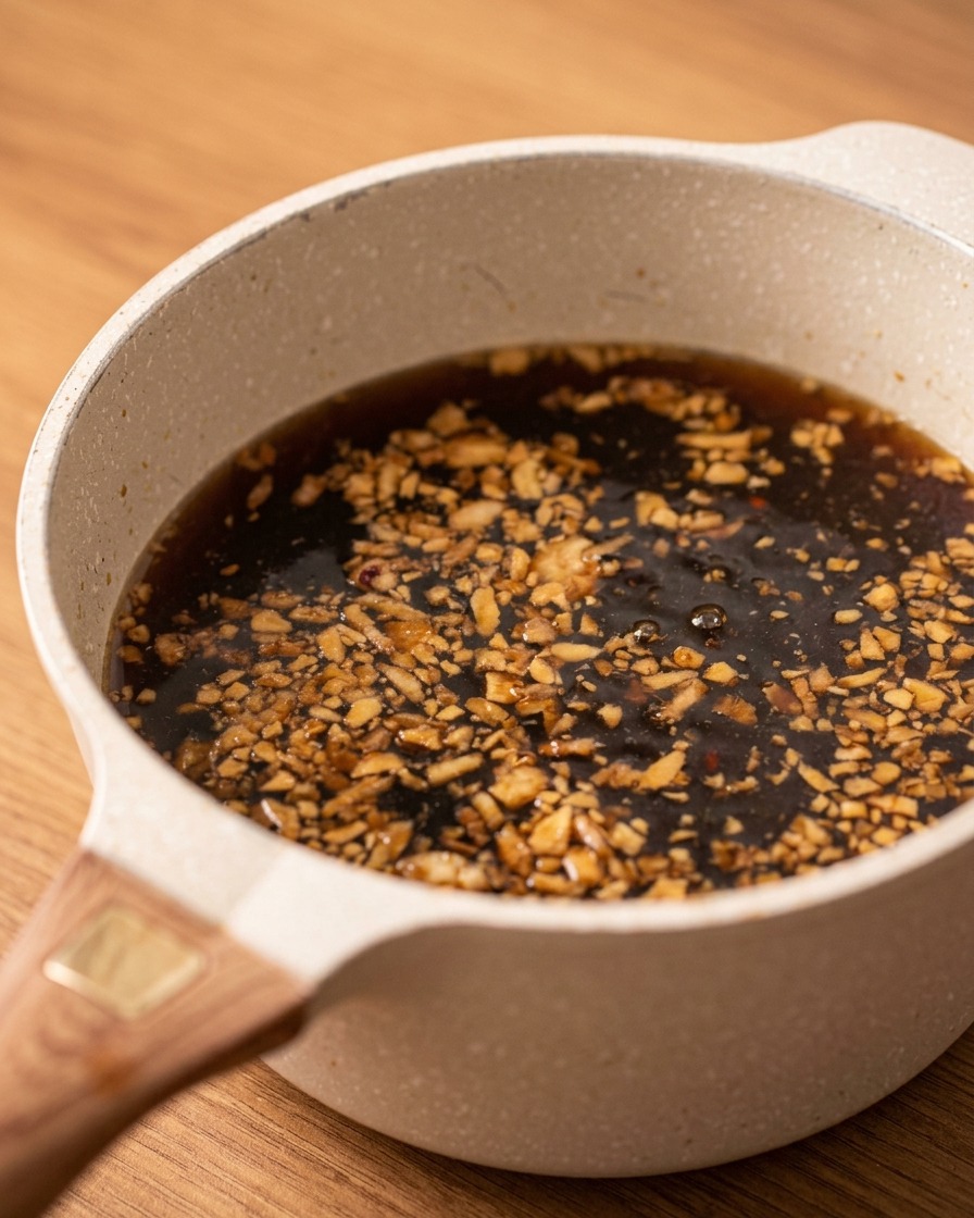 A pot filled with dark braising liquid topped with chopped fried shallots and garlic.