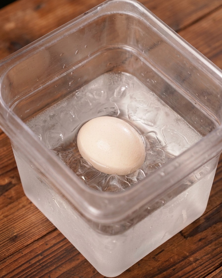 A cooked egg resting in a clear plastic container filled with water and ice cubes.