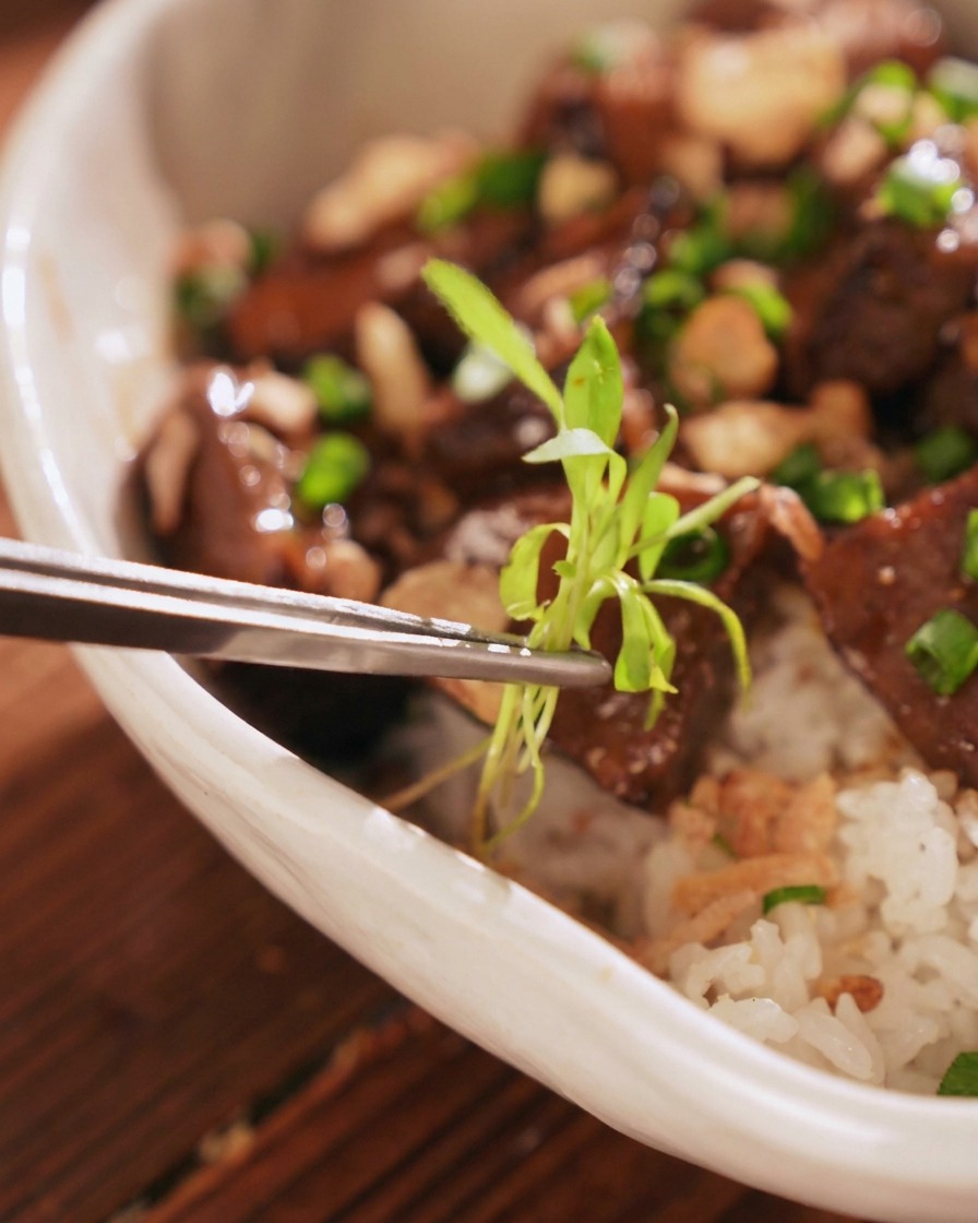 Metal tweezers placing a delicate green coriander sprout onto the center of a finished beef and rice bowl.