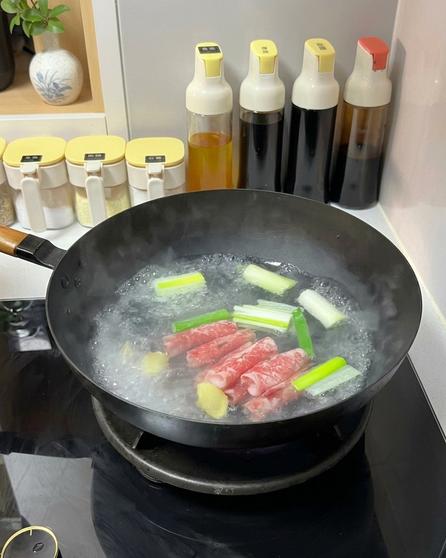 Thinly sliced rolls of raw fatty beef being submerged in a boiling pot of water with ginger and scallions.