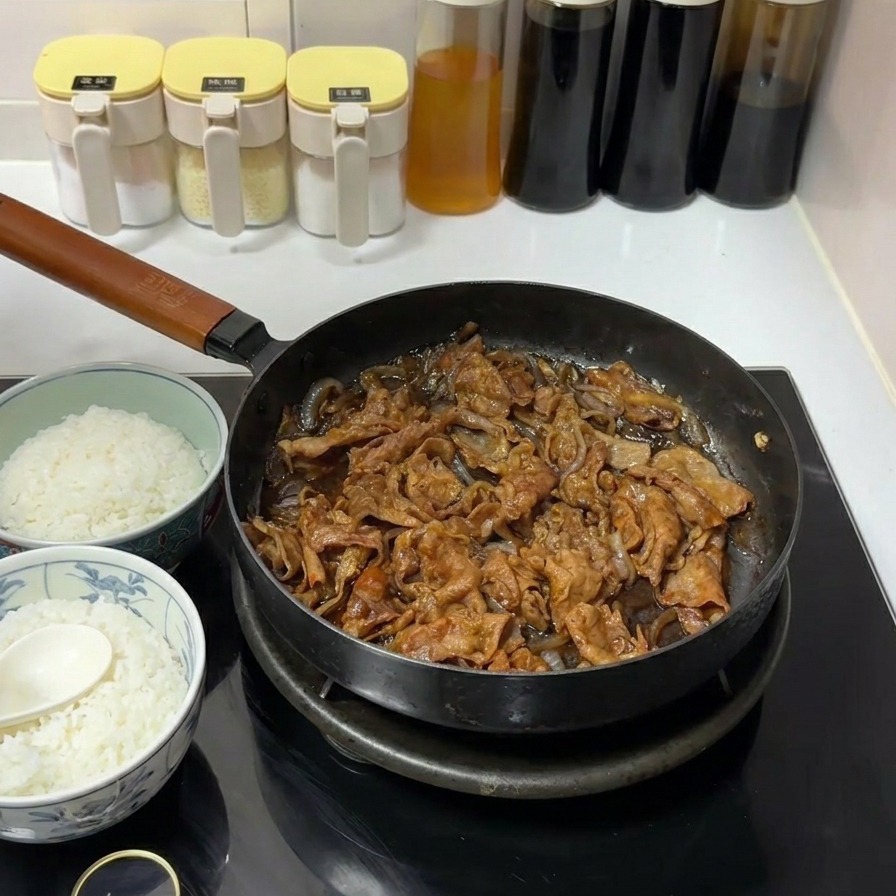 Thinly sliced beef and onions simmering in a dark, savory soy-based sauce in a black frying pan on an induction cooktop.