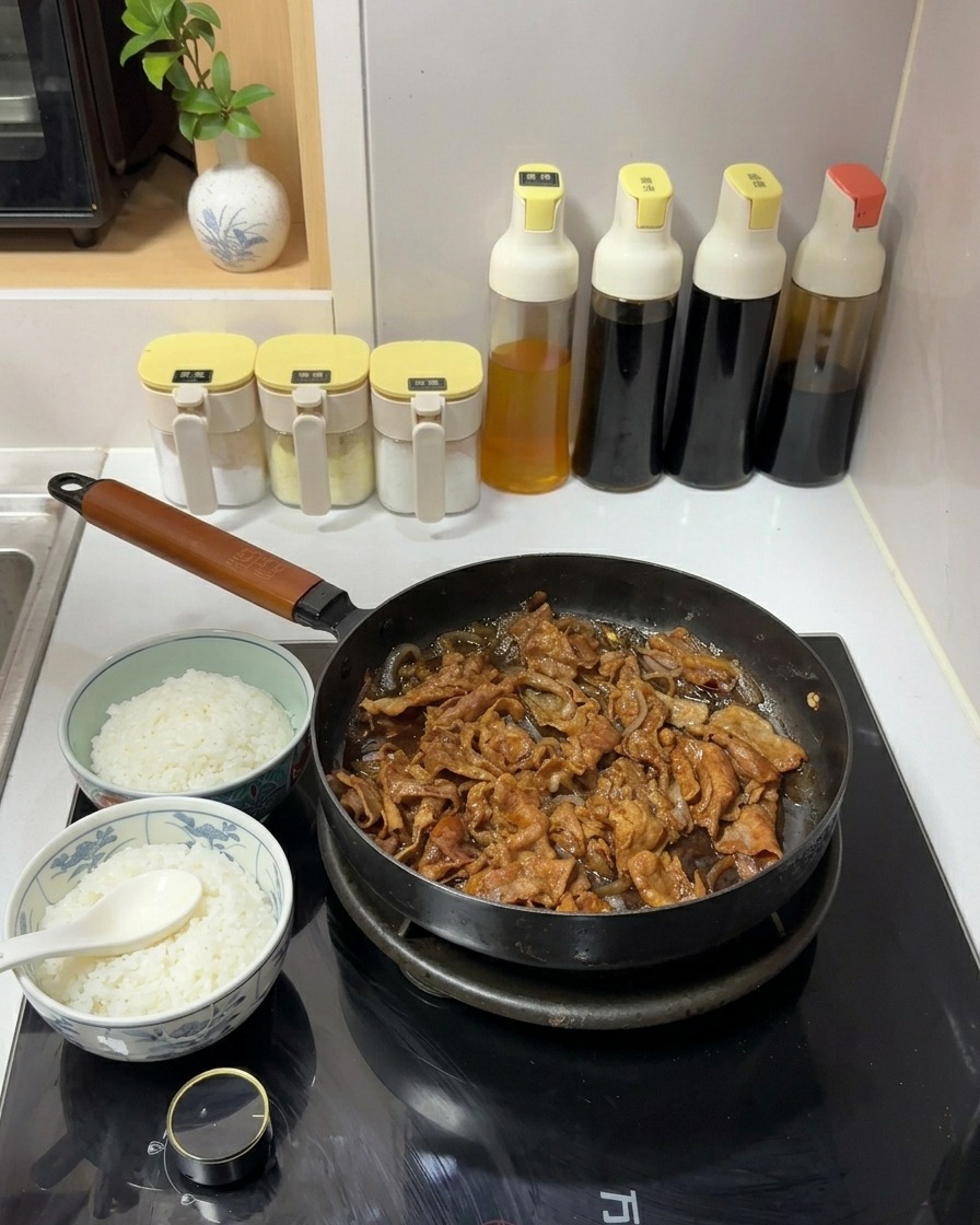 Sliced beef and onions simmering in a dark, savory sauce in a frying pan next to two bowls of white rice.