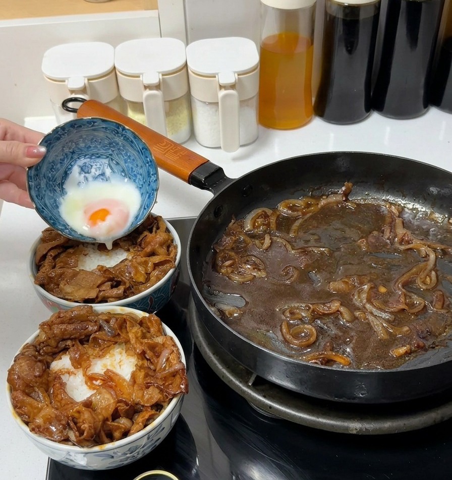 A person pouring a soft-boiled onsen egg from a blue patterned ceramic bowl onto a bowl of rice topped with cooked beef.