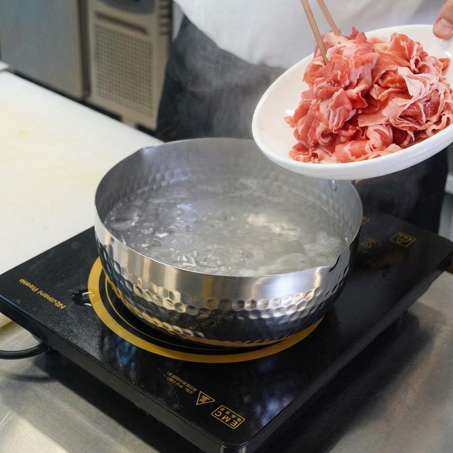 Chopsticks lifting a bundle of thin, pink raw fatty beef slices from a white plate into a hammered metal pot of boiling water.