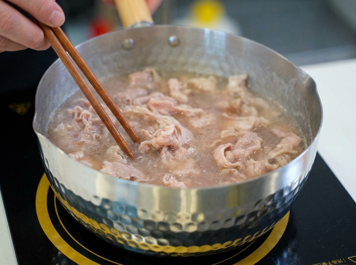 Thin slices of beef being stirred with wooden chopsticks in a pot of simmering water as they turn from raw pink to light brown.