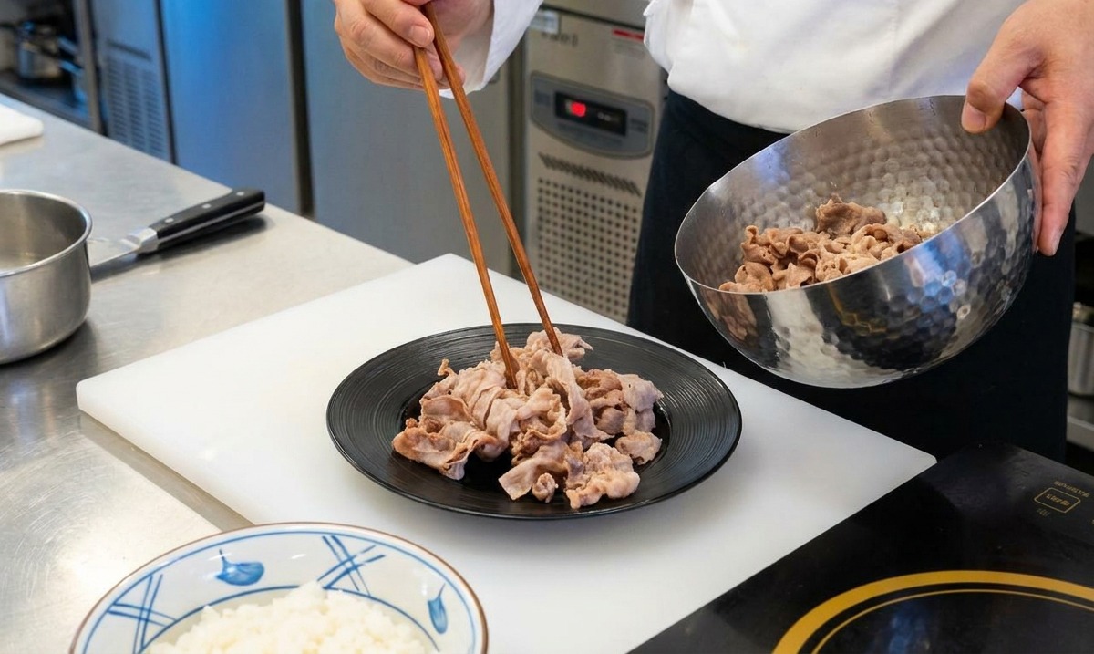 A person using long wooden chopsticks to move cooked curled beef slices from a metal bowl onto a flat black plate