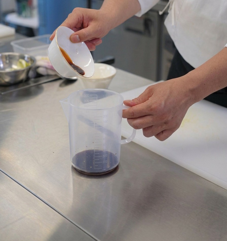 Dark liquid seasoning being poured from a small white ceramic bowl into a plastic measuring pitcher already containing some dark sauce.