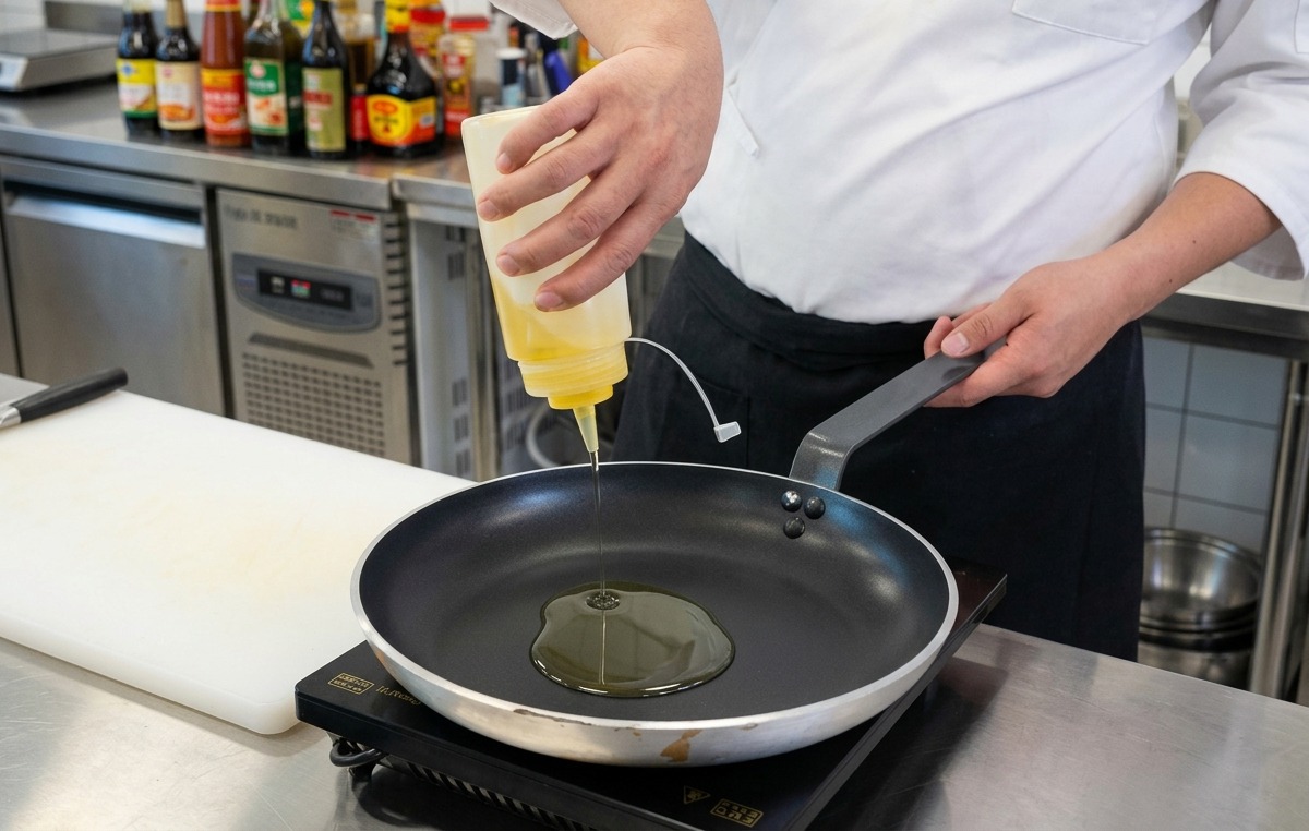 A hand squeezing clear yellow cooking oil from a plastic bottle into the center of a black non-stick frying pan.