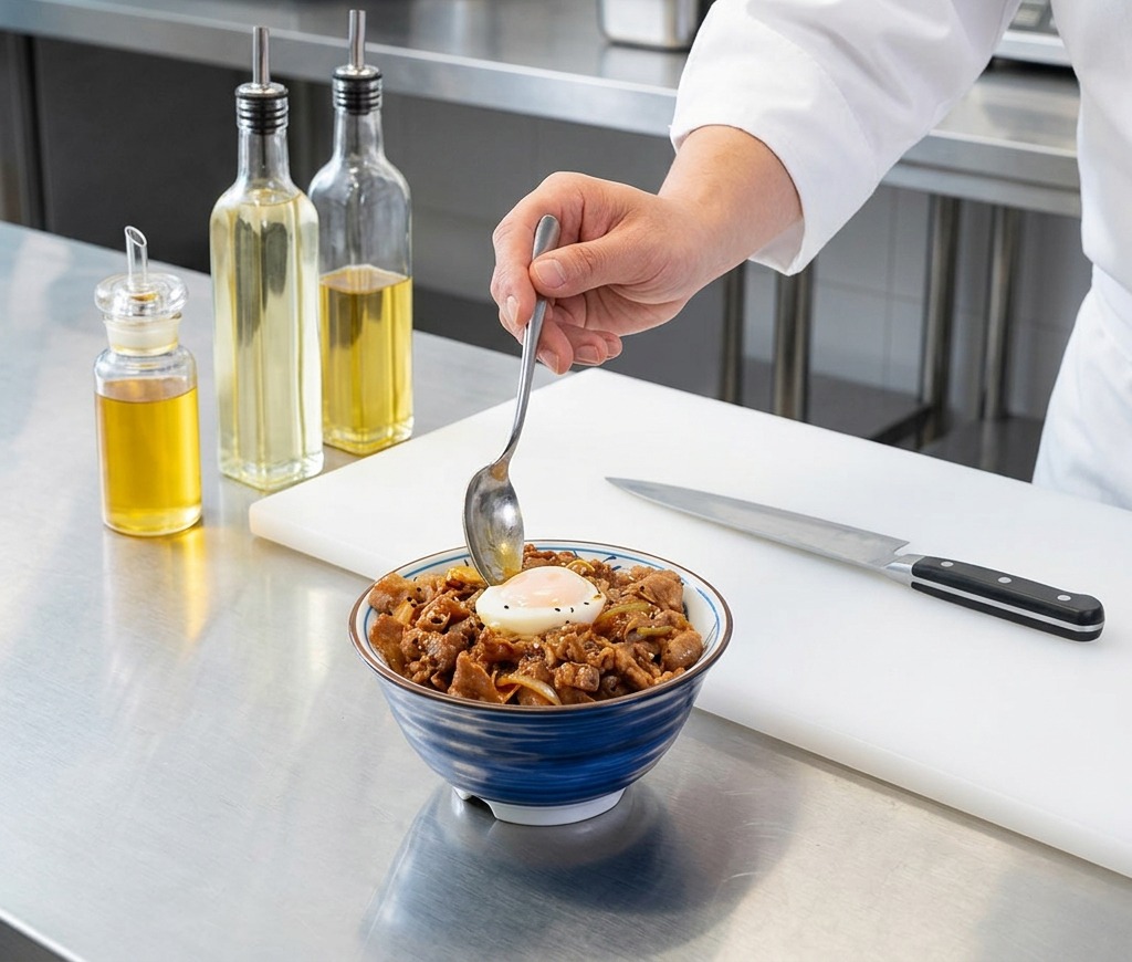 A finished bowl of Japanese beef and onions topped with a soft-boiled egg, being garnished with white sesame seeds.