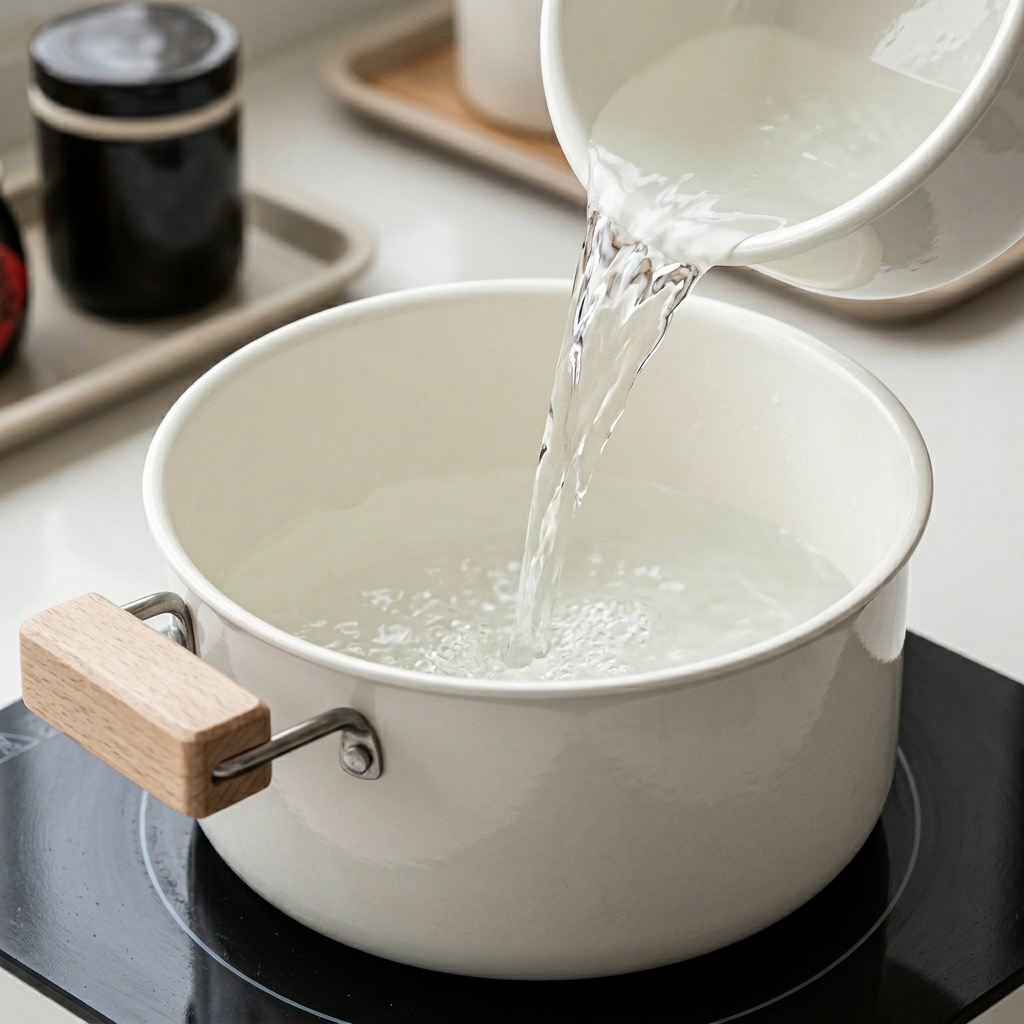 Clear hot water being poured into a white ceramic-coated pot on a black stovetop.