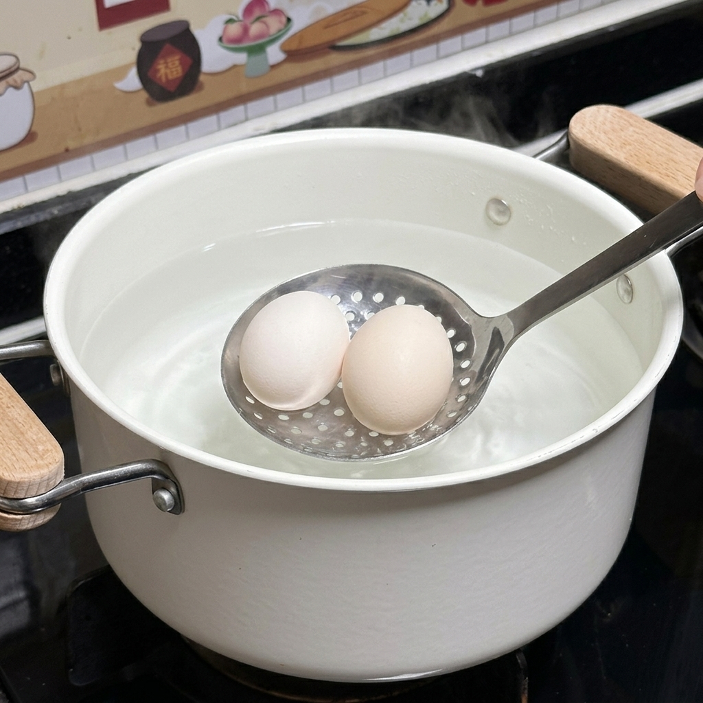 Two whole raw eggs being lowered into a white ceramic pot of warm water using a stainless steel slotted spoon.