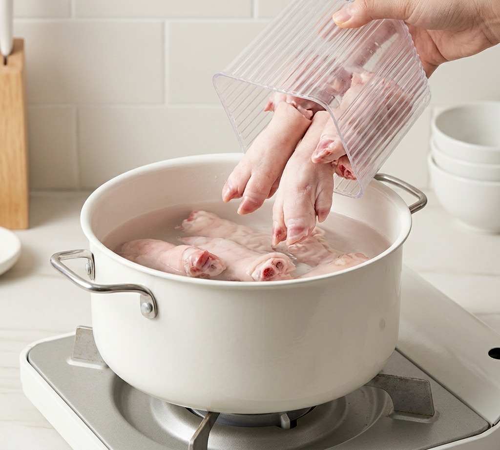 A hand pouring raw sliced beef rolls from a container into a pot of boiling water with aromatics.