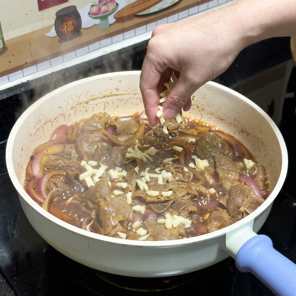 A hand sprinkling shredded white mozzarella cheese over the cooked teriyaki beef and red onions in a frying pan.