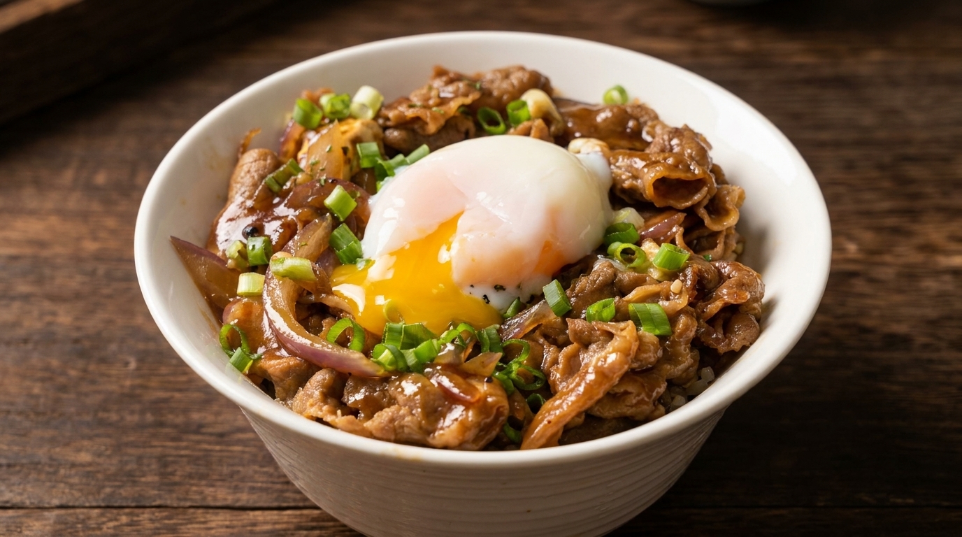 A bowl of saucy teriyaki beef and onions topped with a creamy, broken onsen egg and fresh scallions.