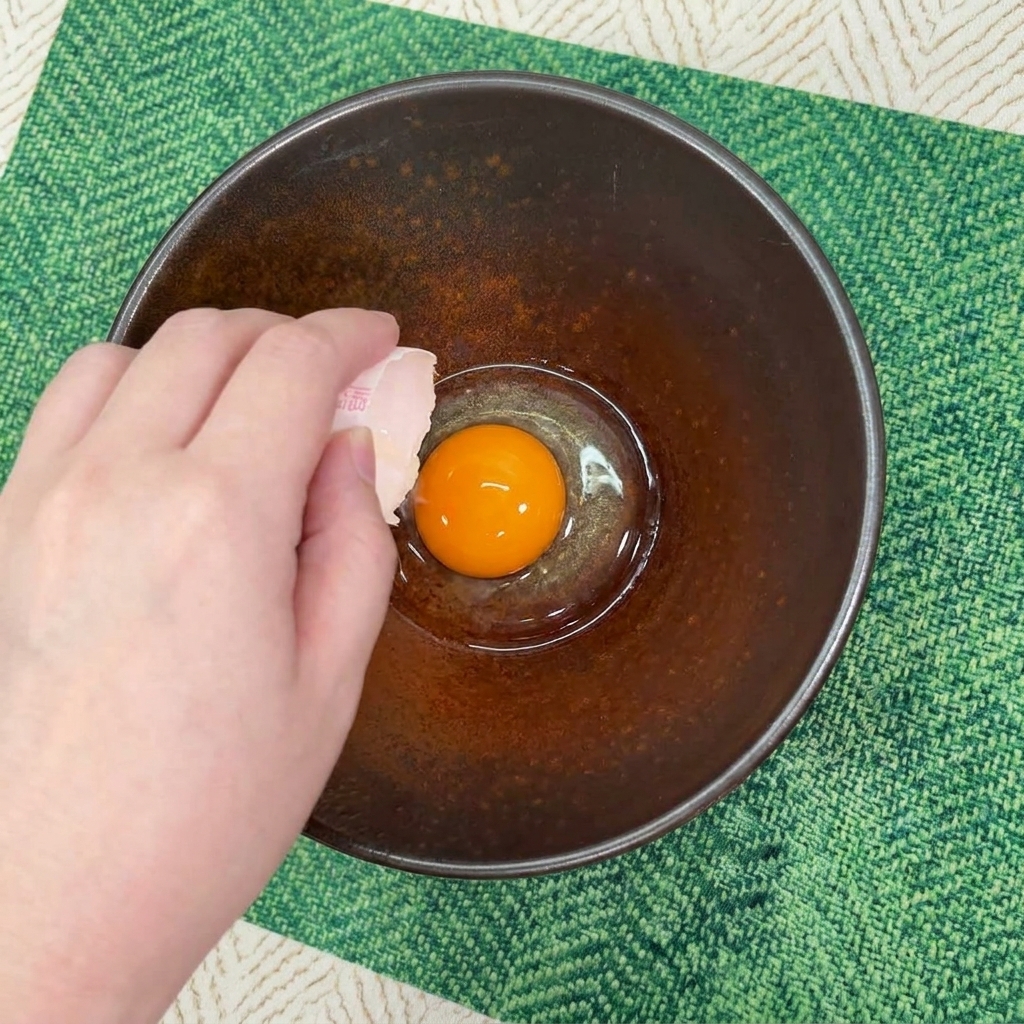 A persons hand using an eggshell to gently drop a bright orange, raw egg yolk into an empty rustic brown ceramic bowl.