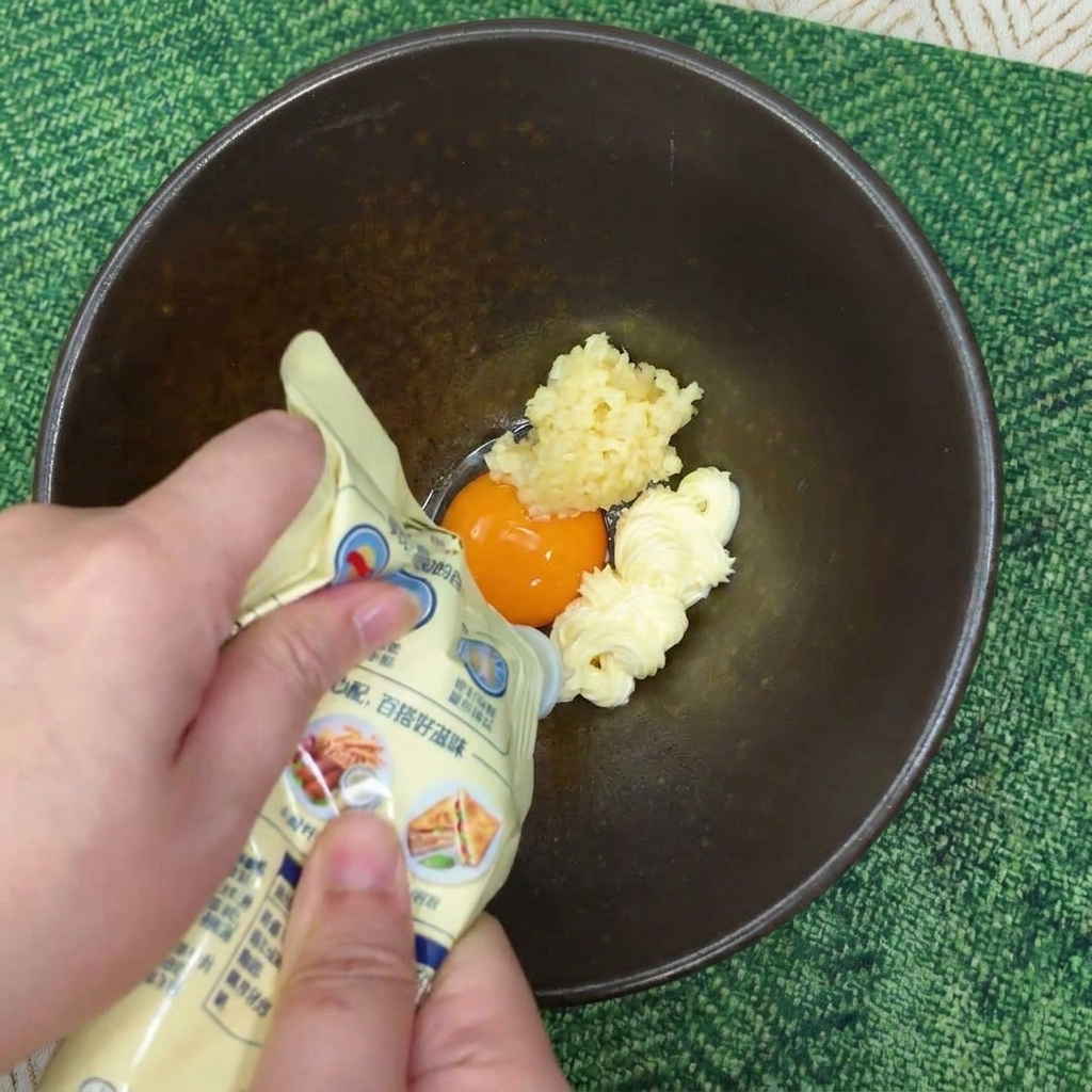 Hands squeezing mayonnaise from a tube onto a raw egg yolk and minced garlic in a dark ceramic bowl.