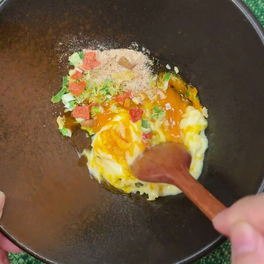 A wooden spoon stirring a thick mixture of egg yolk, mayonnaise, minced garlic, seasoning powder, and dried vegetables in a dark bowl.