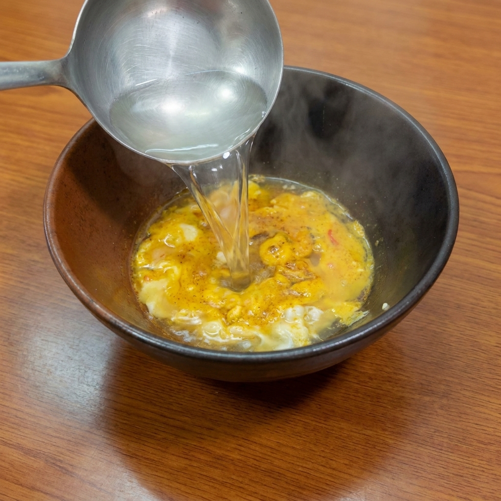 A metal ladle pouring clear hot liquid into a dark ceramic bowl containing a bright yellow and orange seasoning paste.