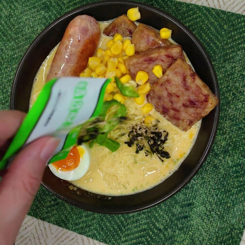 A hand pouring a packet of dried seaweed flakes and sesame seeds over a fully loaded bowl of creamy ramen.