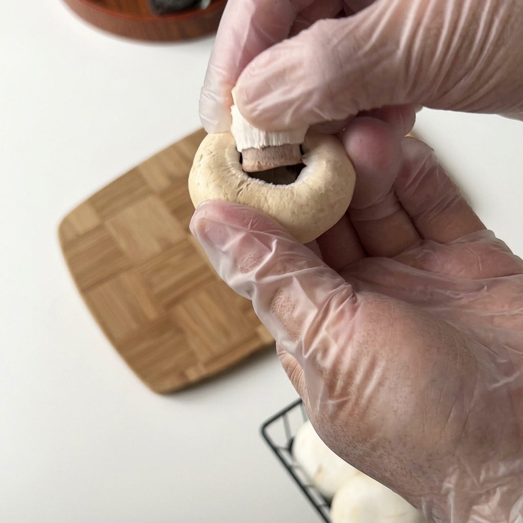Gloved hands carefully removing the stem from a whole white mushroom.