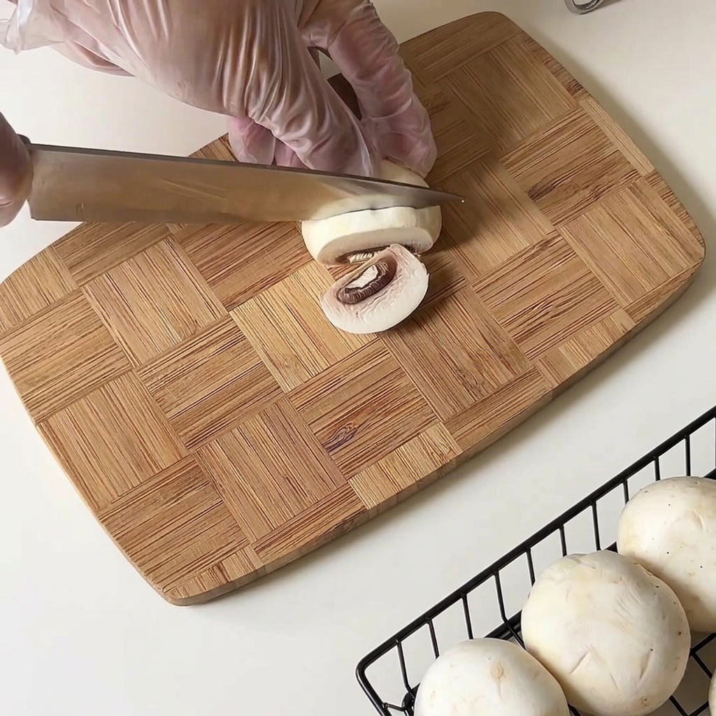 A knife slicing a white mushroom cap into thin pieces on a bamboo cutting board.