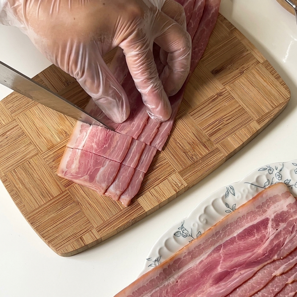 Gloved hands slicing layered strips of raw bacon into small rectangular segments.
