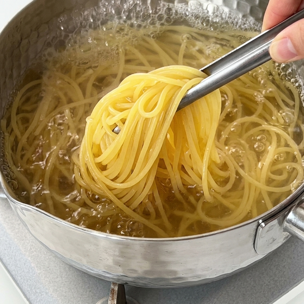 Tongs lifting and stirring strands of spaghetti in a pot of vigorously boiling water.