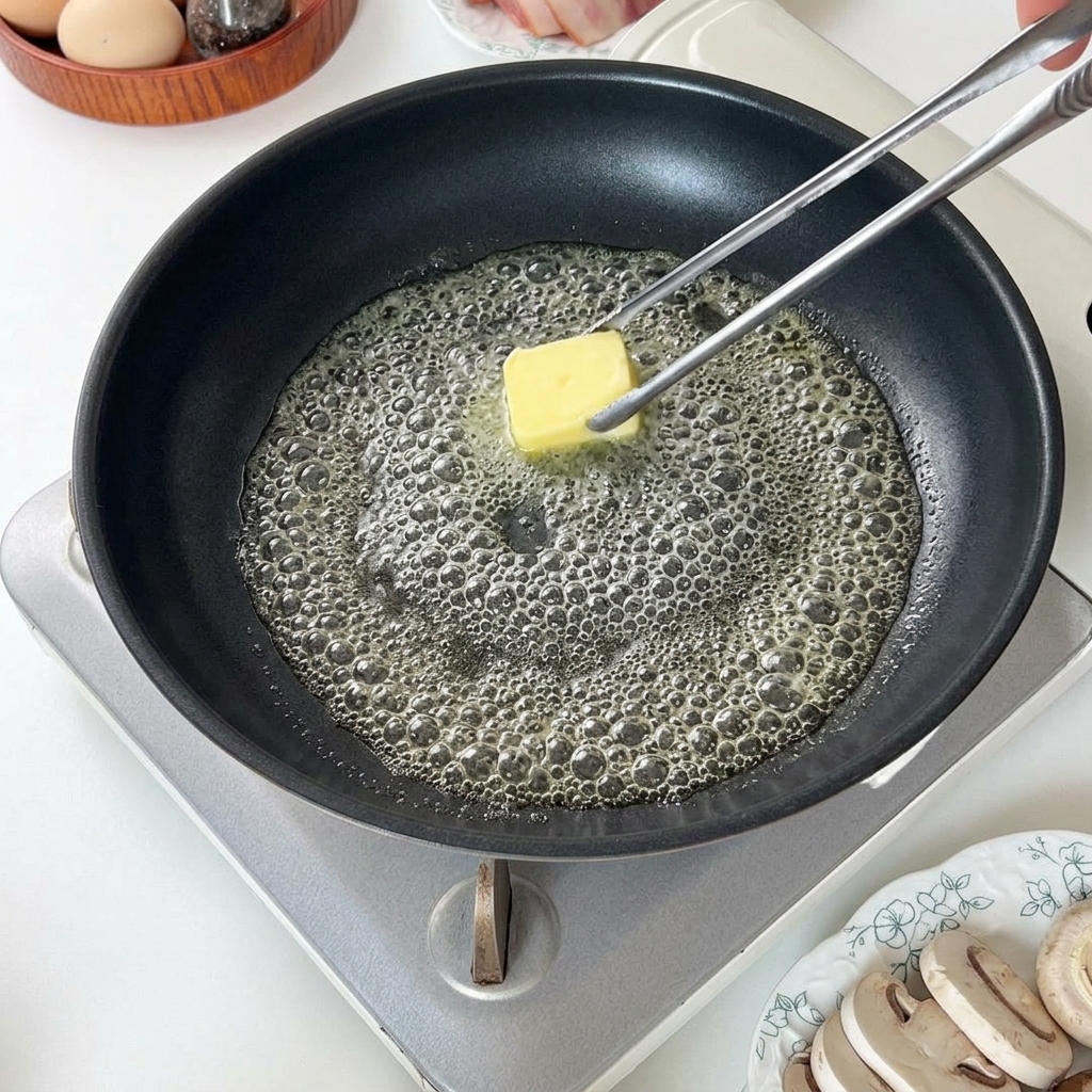 A square of butter melting and bubbling gently in a heated black skillet.