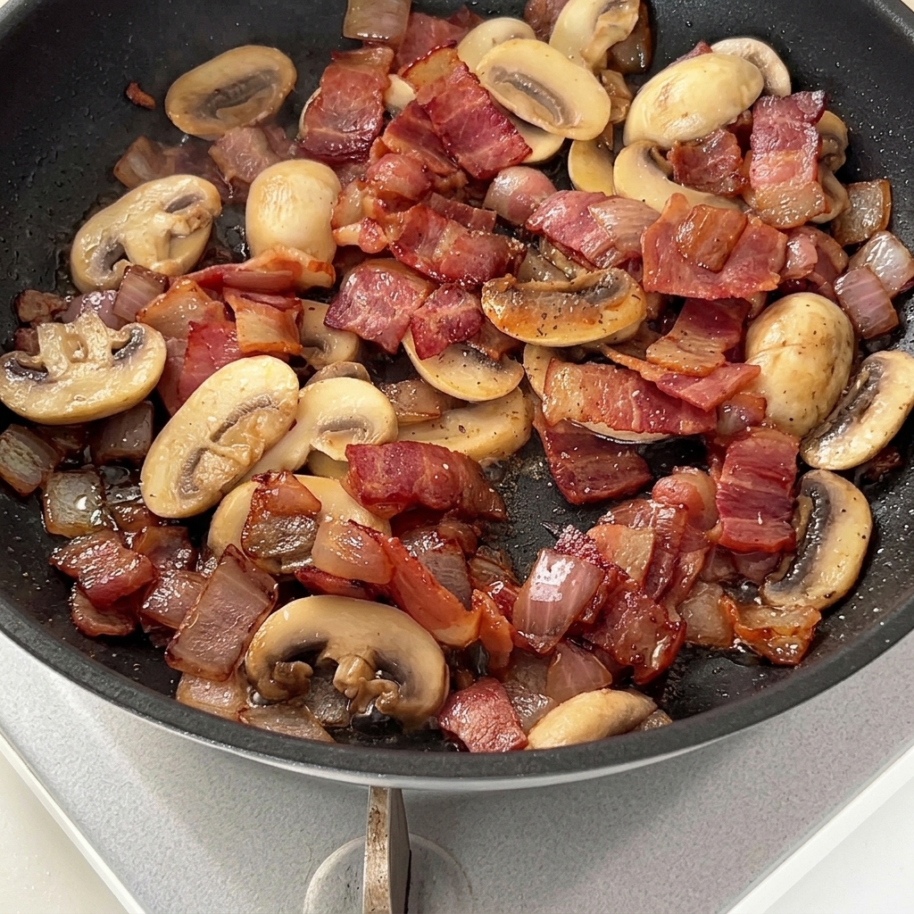 Cooked bacon, onions, and softened white mushrooms in a pan seasoned with cracked black pepper.