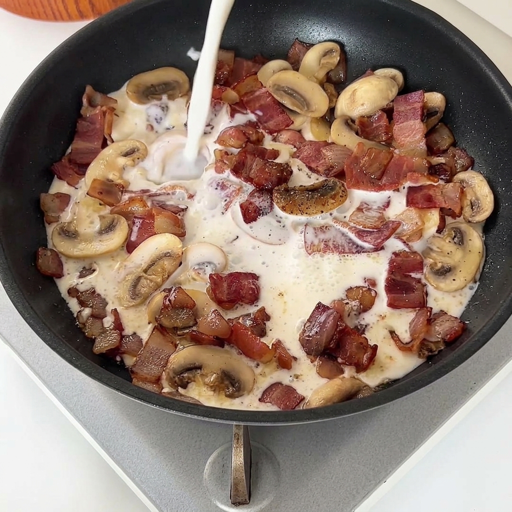 Pouring milk and heavy cream into a pan of cooked bacon, mushrooms, and onions to create a creamy sauce base.